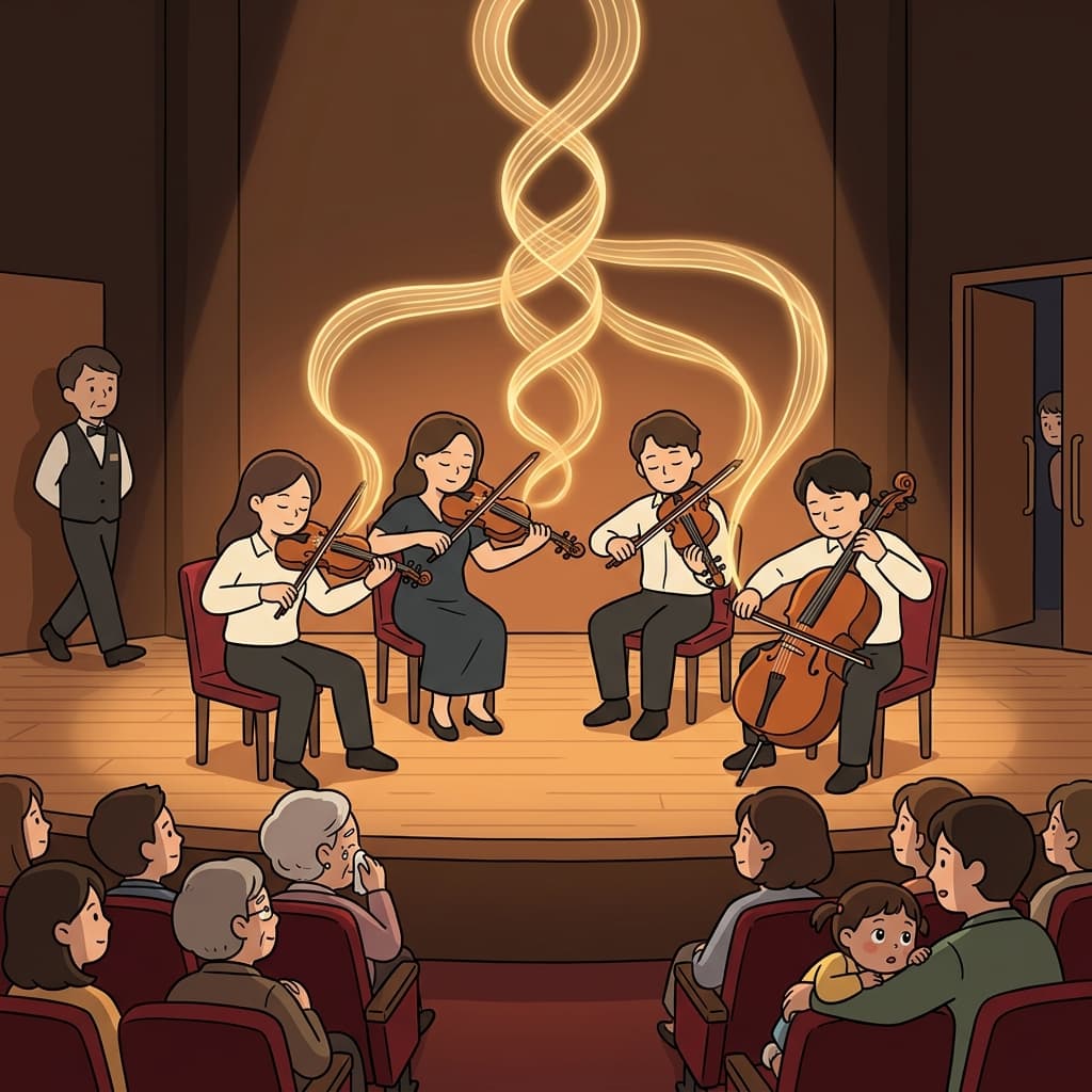 The string quartet played in such a harmonious way that the whole hall fell silent.