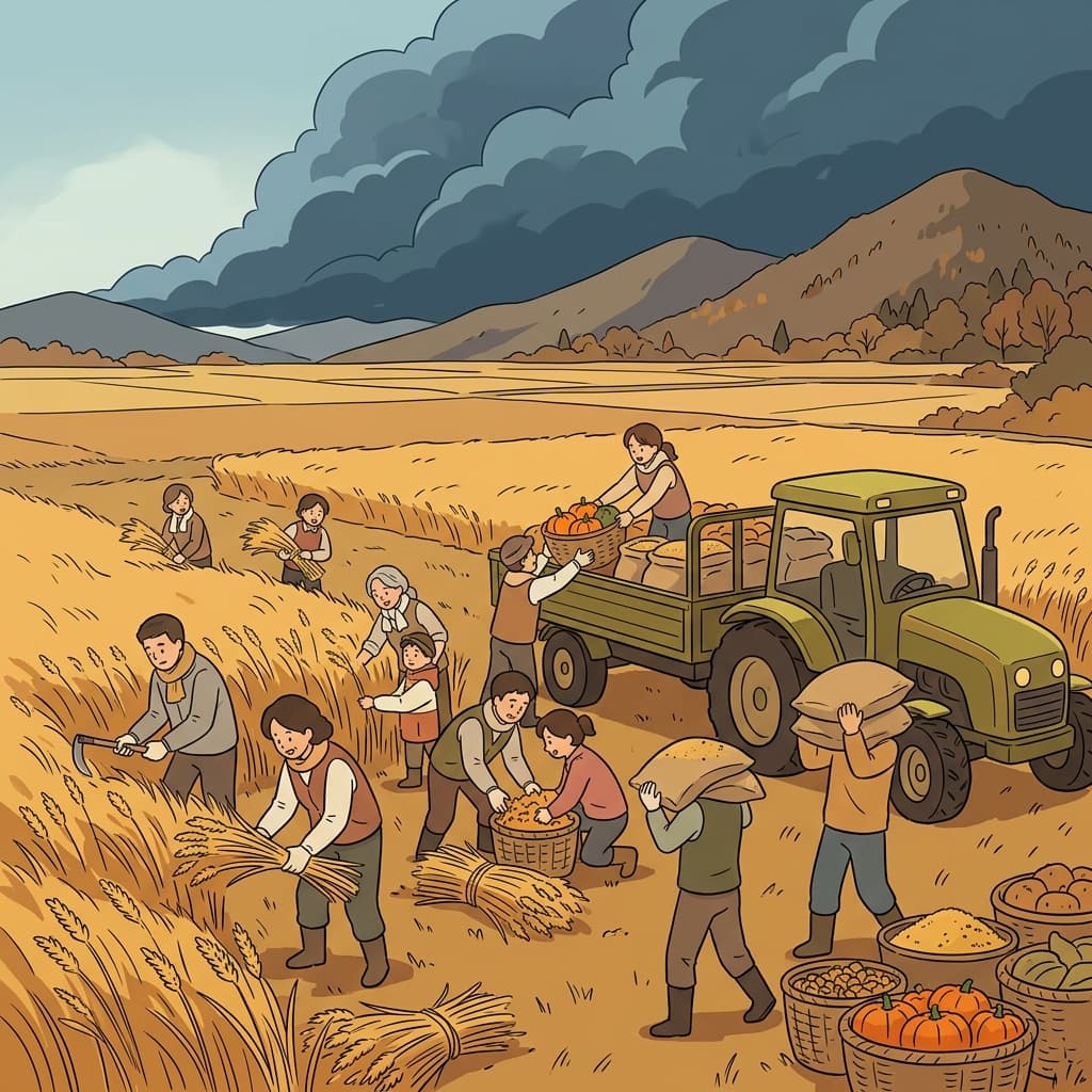 Farmers rushed to harvest the crops before the storm arrived.