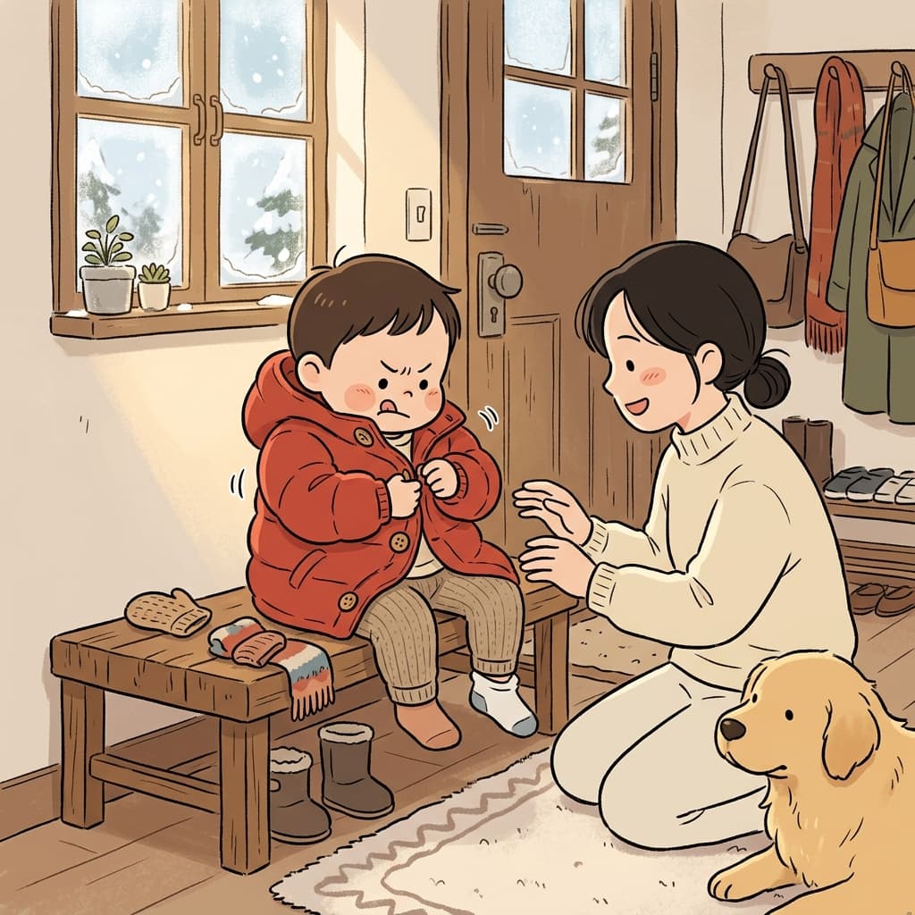The toddler seems to have difficulty doing up the buttons on his tiny coat.