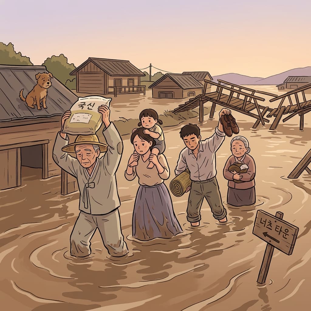 Stranded by the flood, villagers have no choice but to wade through waist-deep water.