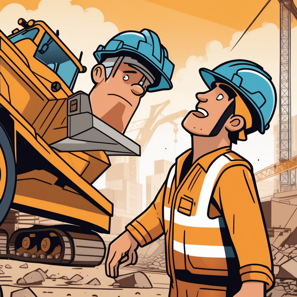 a construction worker quickly dives to the side as a massive steel beam crashes down behind him. The beam hits the ground exactly where he was standing just seconds before. Dust and debris fly up from the impact while the worker rolls safely away. Other construction workers nearby point and shout warnings with shocked expressions on their faces. A crane operator in the background looks down with relief and concern. barely avoiding danger, death, or a serious accident