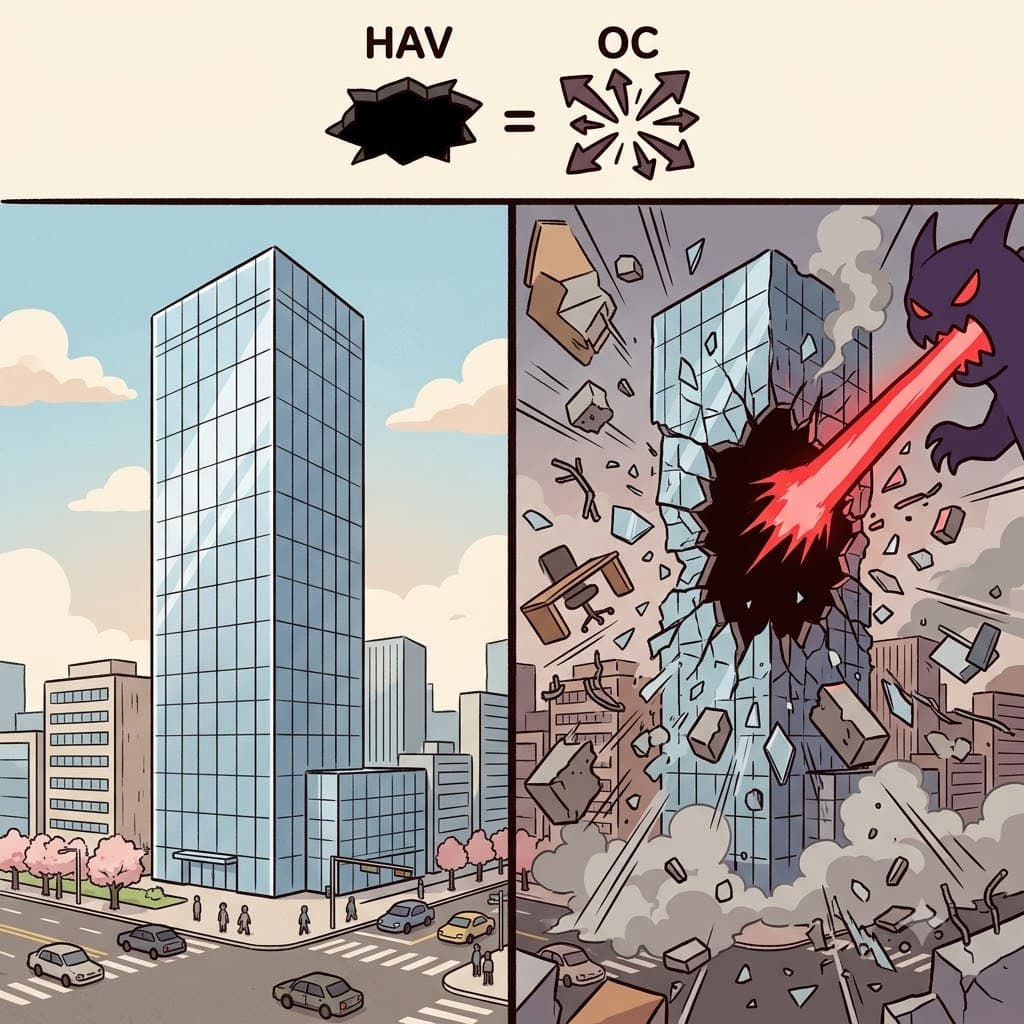 HAV(hole) + OC(out) — blasting a giant HAV(hole) and throwing everything OC(out), the monster's laser caused total havoc in the city.