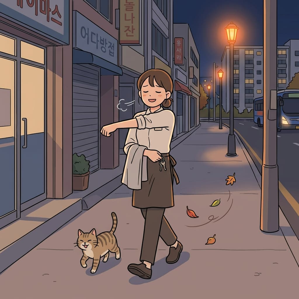 After a long shift, the tired waitress finally heads home through quiet streets.