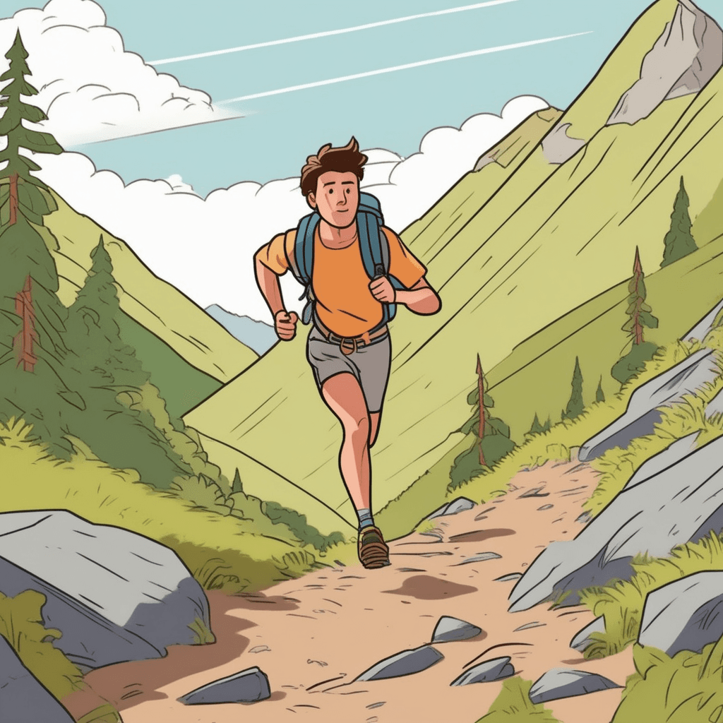 a young hiker runs down the steep trail with his head tilted forward and arms flailing wildly. He moves so fast that his body leans dangerously forward as loose rocks scatter under his feet. The steep downward slope makes him gain more speed than he can control. His momentum carries him faster and faster as he struggles to keep his balance. Other hikers behind him call out warnings with concerned expressions and raised hands. A hiker further down the trail looks up with alarm at the approaching runner. someone moving headlong down the hill without deliberation or control