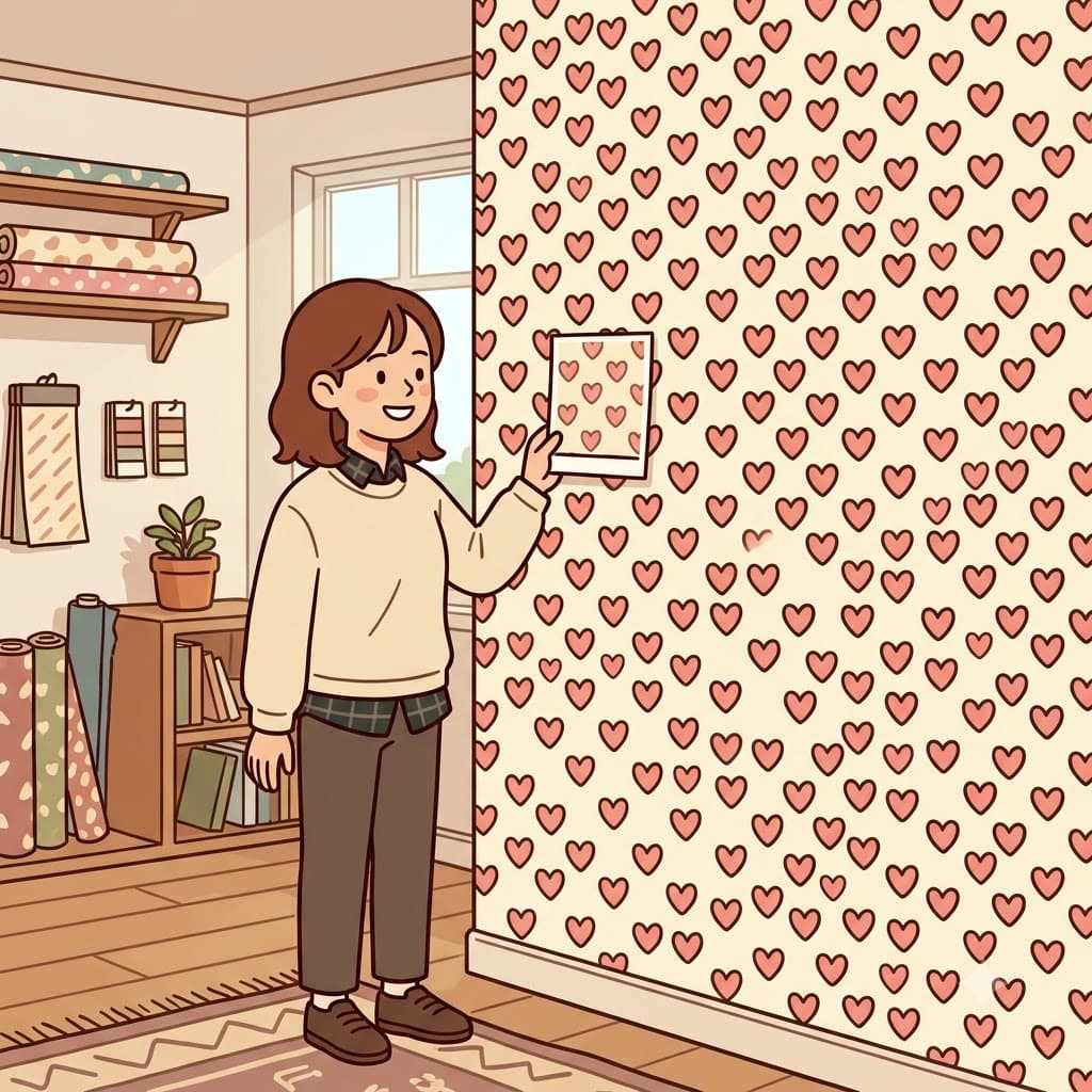 The designer created a heart-patterned wallpaper by repeating small hearts across the entire wall.