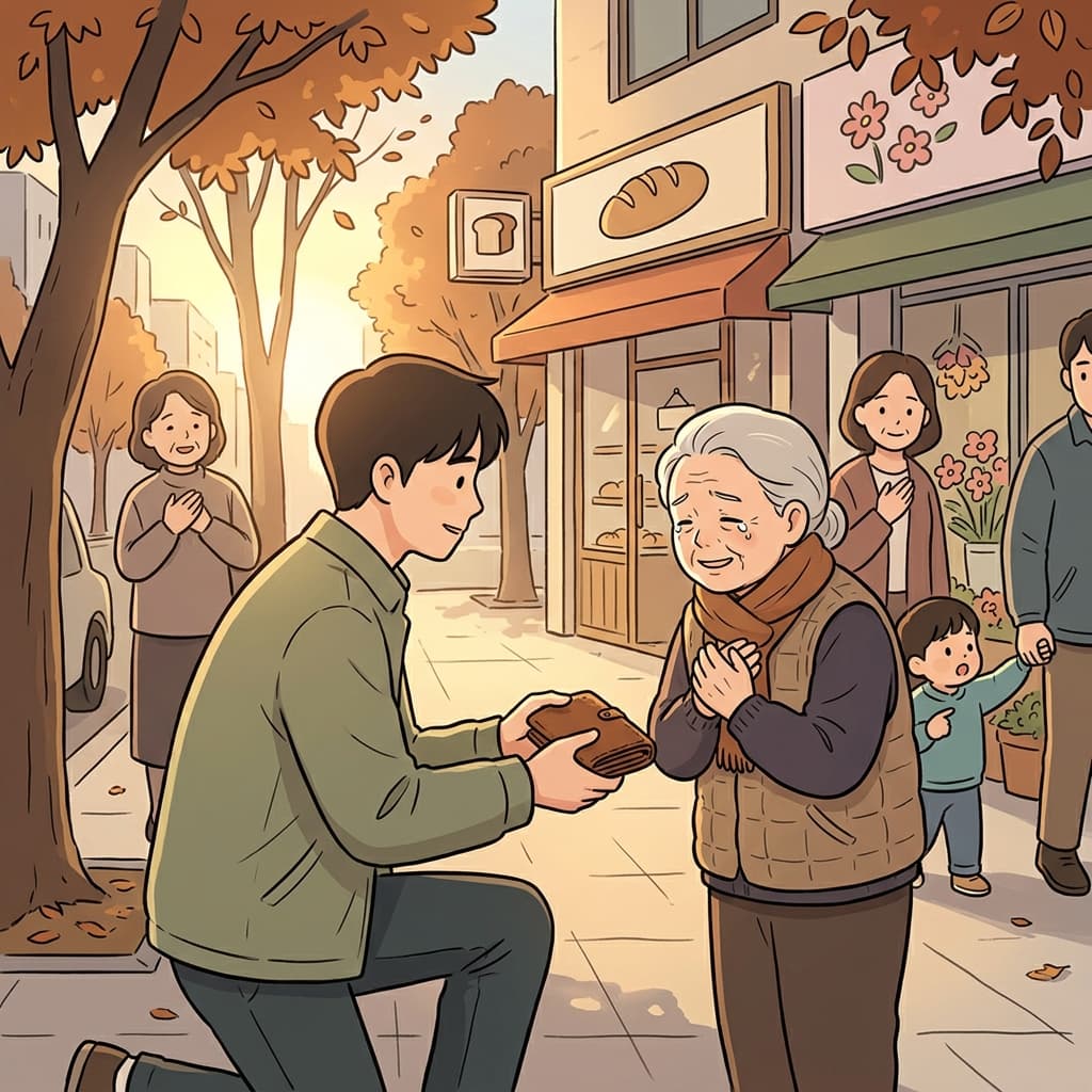 A stranger returns a lost wallet to a tearful elderly woman — a heartwarming moment on the sidewalk.
