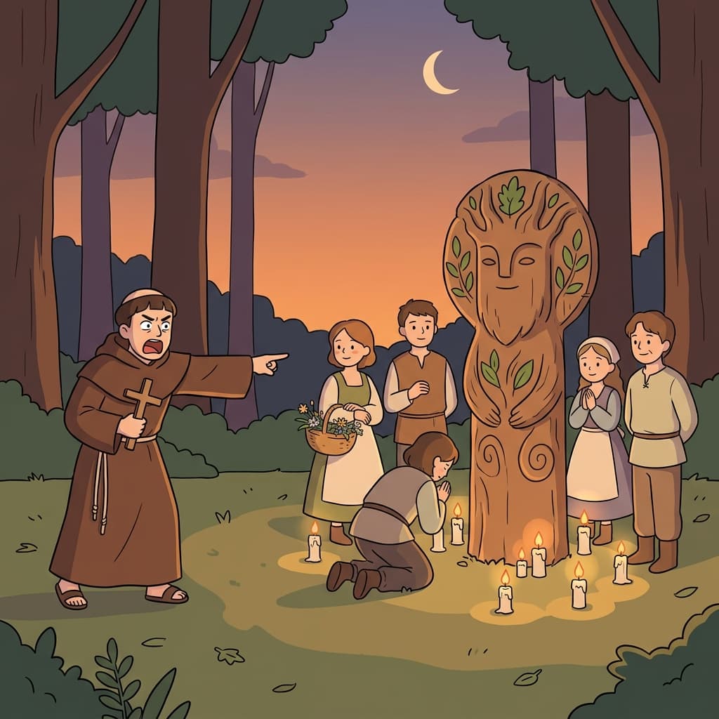 The missionary called the village heathen for worshipping the old forest spirits.