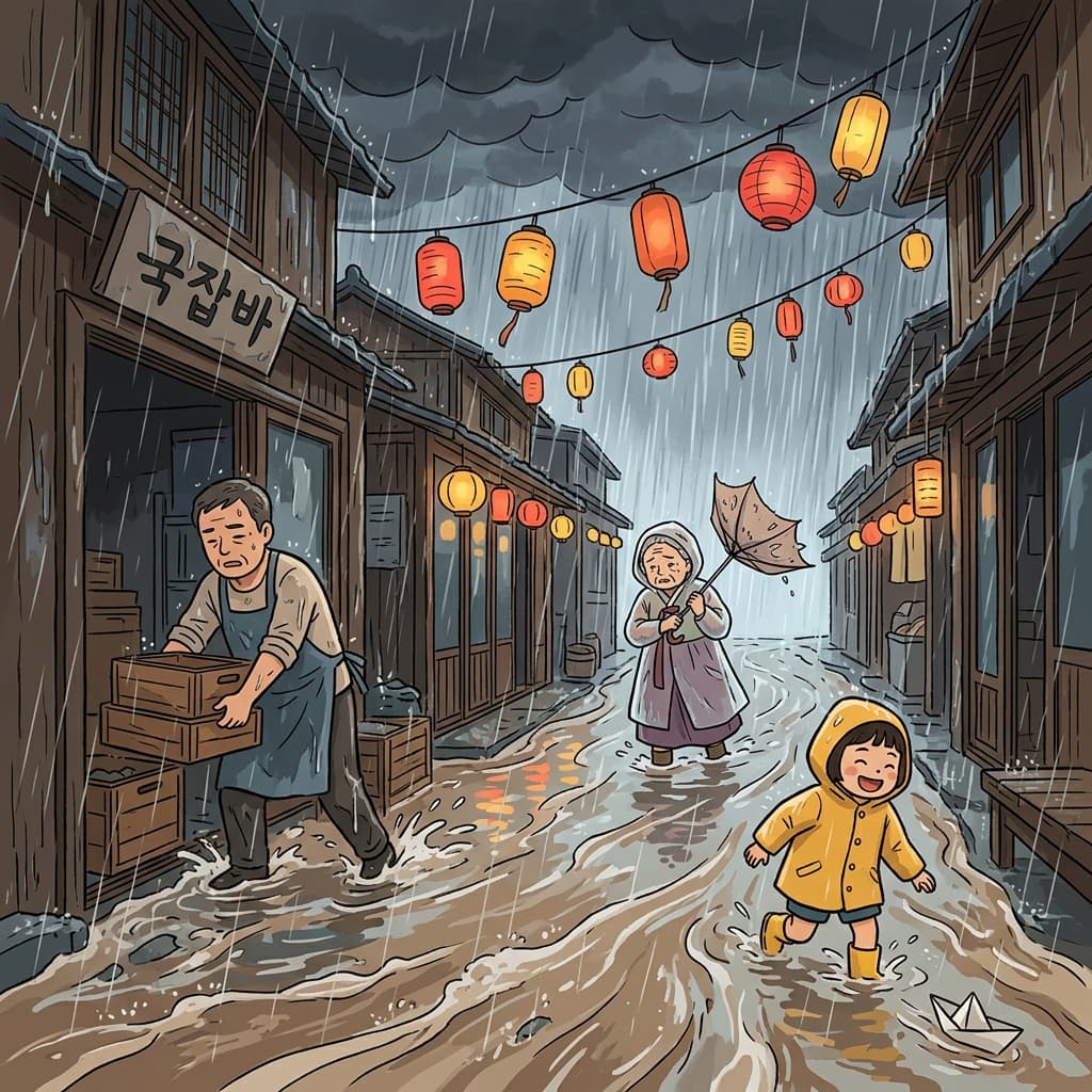 Heavy rainfall floods the village street as people scramble for shelter.
