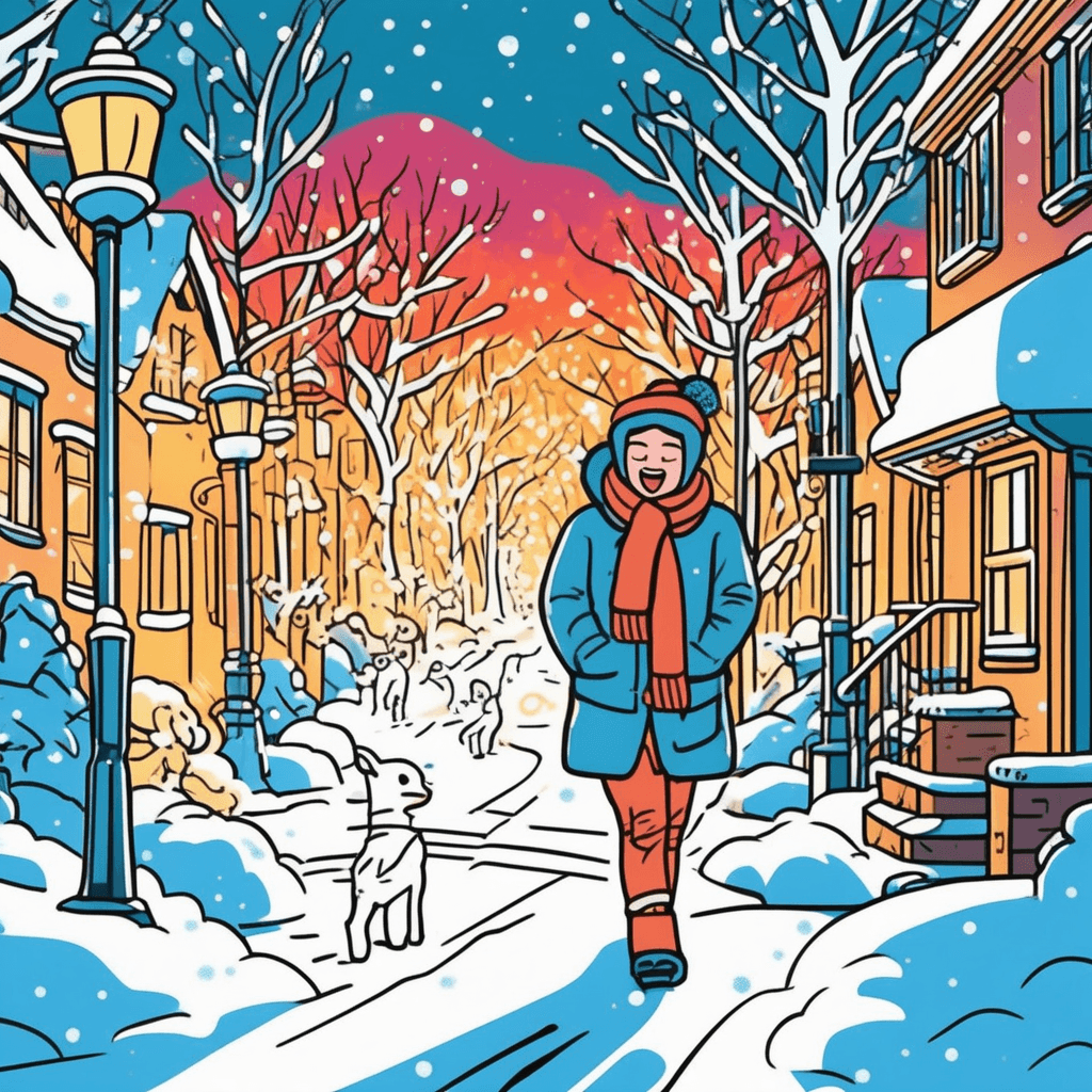 Heavy snow falls slow, bathed in the street lamp's golden glow!