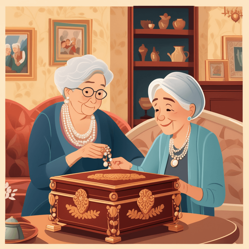 an elderly grandmother carefully opens an ornate wooden jewelry box and lifts out a delicate pearl necklace. She gently places the necklace around her young granddaughter's neck with trembling but loving hands. The little girl's eyes widen with wonder as she touches the lustrous pearls that have been worn by women in her family for decades. The grandmother's face shows deep emotion as she passes on this treasured possession that once belonged to her own mother and grandmother. Other family members watch from nearby chairs and sofas, smiling warmly at this meaningful tradition. a valuable object that has belonged to a family for several generations being lovingly transferred to the next generation