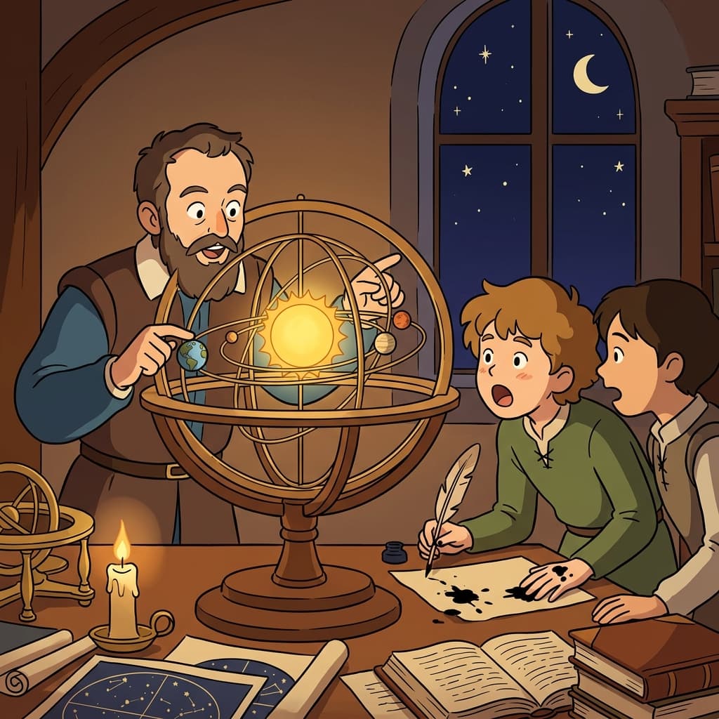 Galileo shows a heliocentric model where planets orbit the Sun, not Earth.