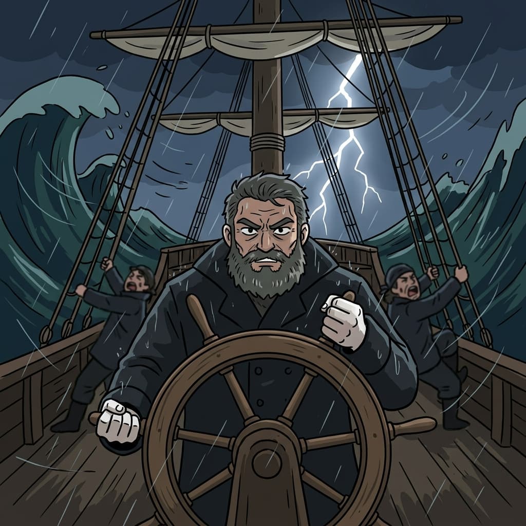 The old captain grips the helm as the storm crashes against the ship.