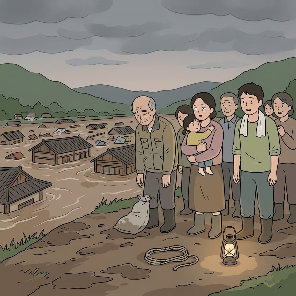 The villagers watched in helplessness as floodwaters swallowed their homes.