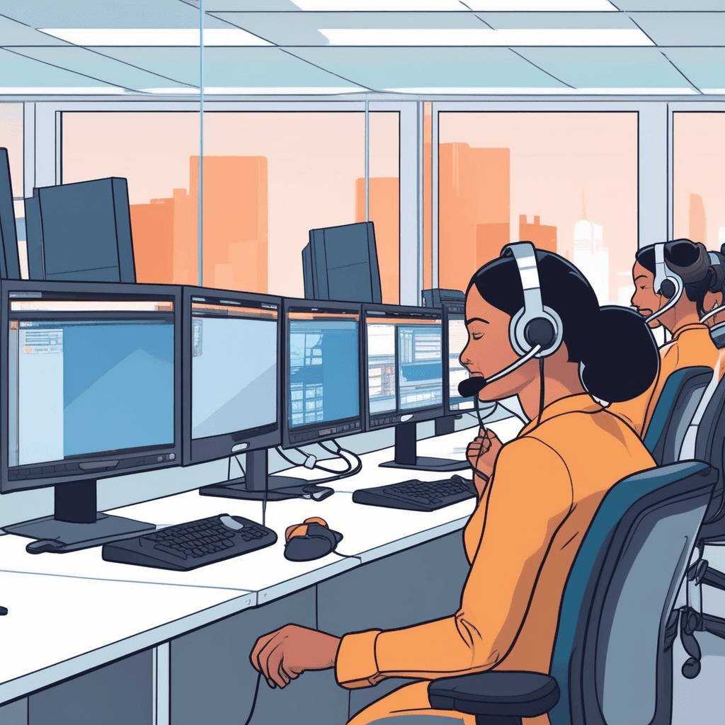 a caring female operator speaks gently into her headset while looking at her computer screen. She takes notes on a pad as she listens intently to someone calling for help. Behind her, other operators work at similar stations answering incoming calls. The caller on the other end feels relief as the operator provides guidance and support. Other staff members coordinate resources and share information to assist callers effectively. a telephone service providing help and information to people in distress