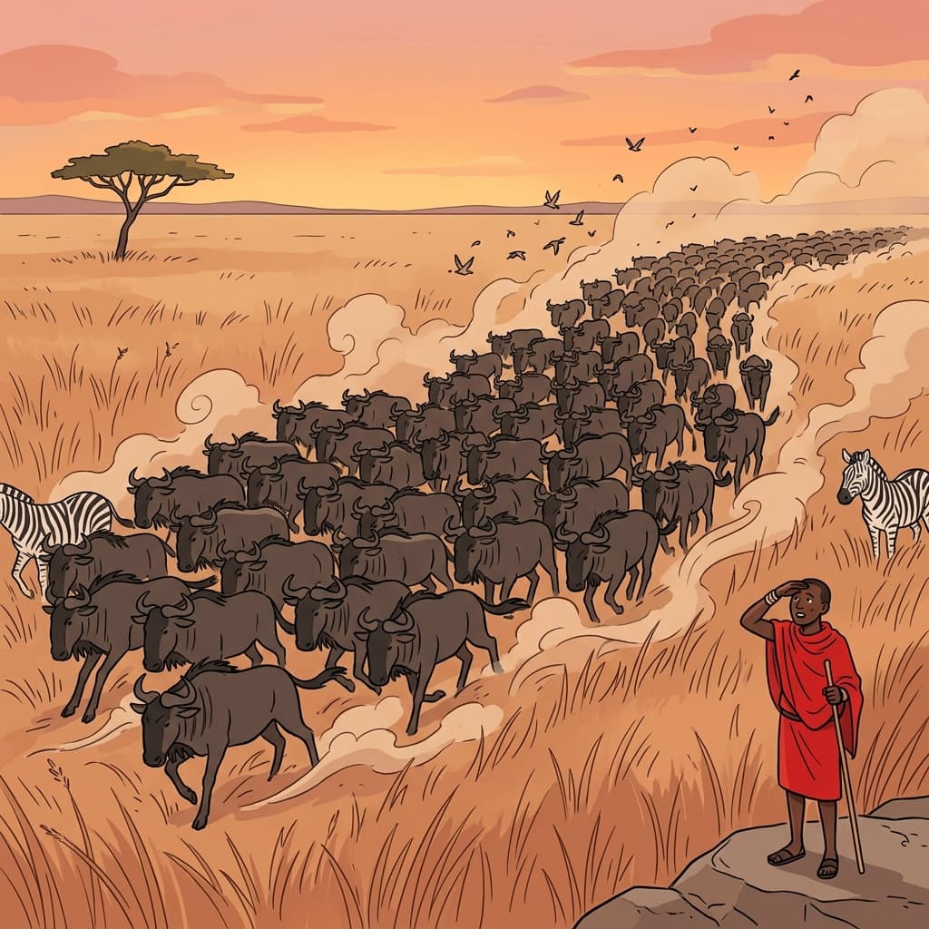 A massive herd of wildebeest thunders across the African savanna at sunset.