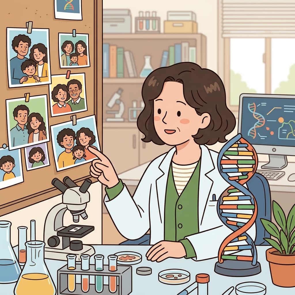 The scientist studied heredity by comparing traits shared by parents and their children. (heredity → inherited traits passed from parents to children)
