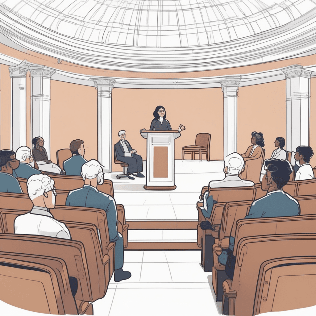 a young professor stands at a podium presenting unconventional ideas with passionate gestures. She points to alternative theories while facing a panel of older, traditional academics. The established professors shake their heads and frown disapprovingly at her radical proposals. Students in the audience lean forward with mixed reactions of curiosity and concern. Some audience members whisper to each other while others take notes eagerly. someone holding beliefs that differ from established doctrine