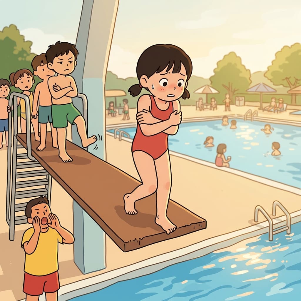 She hesitates at the edge of the diving board, toes curled tight.