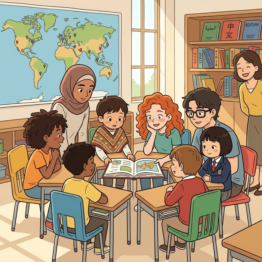 The classroom is heterogeneous — kids from different countries, ages, and backgrounds all learning together.