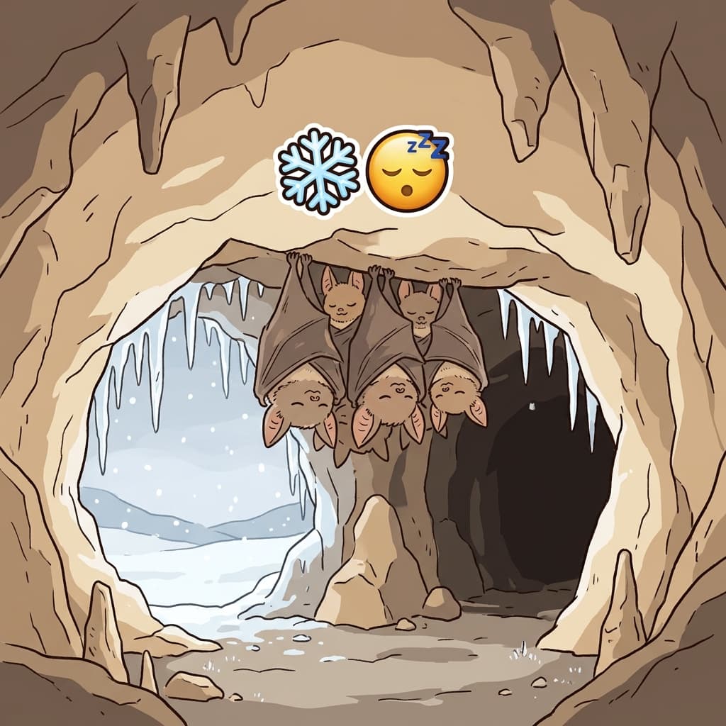 The bats stayed in hibernation throughout the winter. (❄️ Winter + 😴 Deep Sleep → Hibernation)