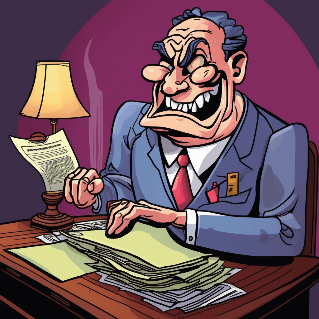 His hideous face shows devious joy over tedious schemes