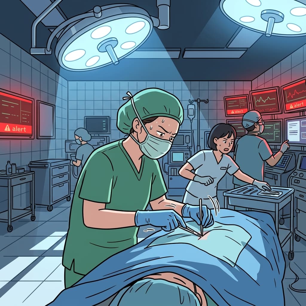 The surgeon works under high pressure as alarms beep around the operating table.