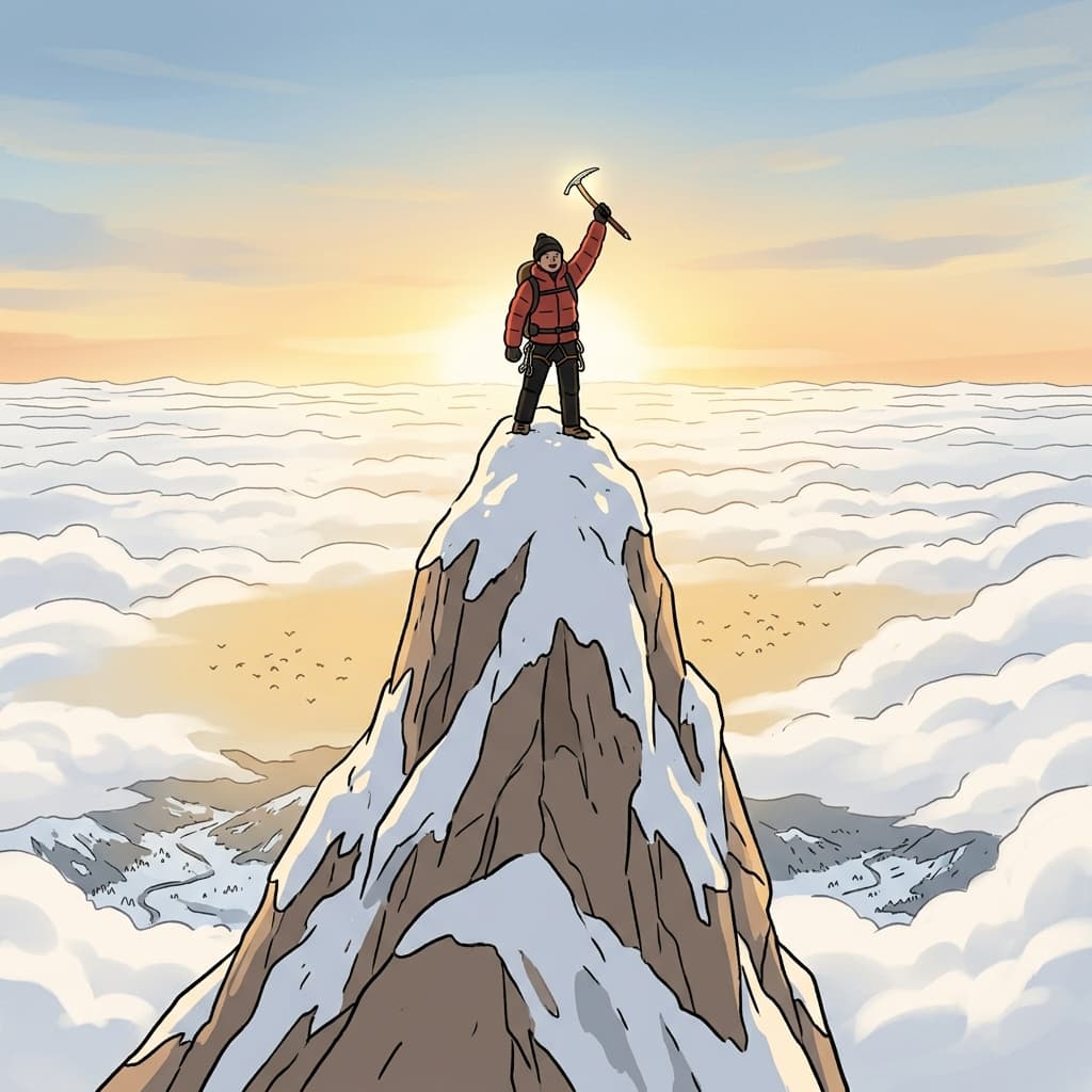 The mountain climber reached a high peak above the clouds.
