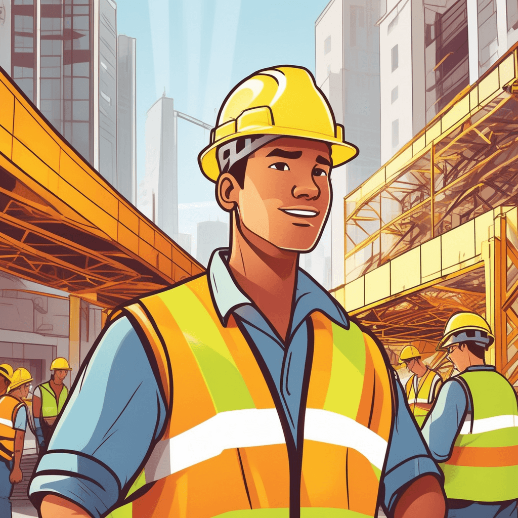 a construction worker wears a bright fluorescent yellow safety vest with reflective strips that gleam in the sunlight. The worker directs traffic near heavy machinery while the vest makes them clearly visible against the busy background. Heavy equipment operators can easily spot the worker from their cab windows because of the bright clothing. Other workers in regular clothes blend into the dusty brown environment while this worker stands out prominently. Nearby vehicles slow down as drivers immediately notice the fluorescent safety gear. clothing designed to be easily seen and noticed for safety purposes
