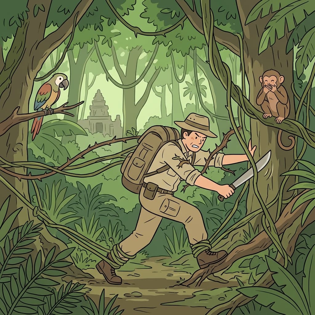 Heavy vines hinder the explorer's every step through the dense jungle.
