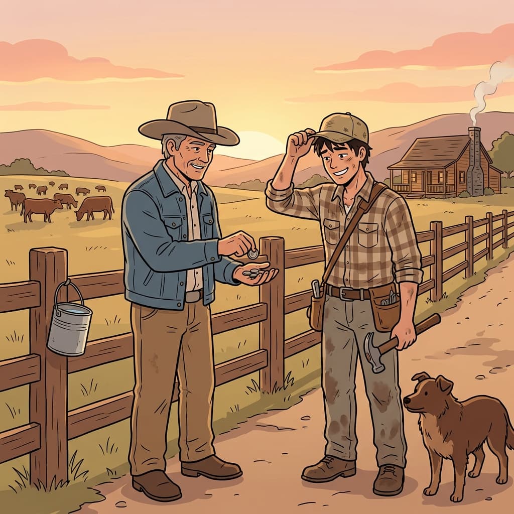 The rancher pays his hired hand at sunset after a long day mending fences.