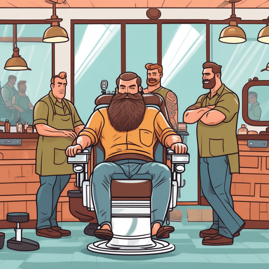 an extremely hairy man sits in the barber's chair with thick hair covering his arms, chest, and back completely. The overwhelmed barber holds multiple clippers and scissors, staring at the massive amount of hair to trim. Hair covers every visible part of the customer's body so densely it looks like fur. The barber's tools seem tiny compared to the enormous task ahead of managing all this hair. Other customers in nearby chairs turn to look with amazement at the incredibly hairy person. someone having an abundant covering of hair all over their body