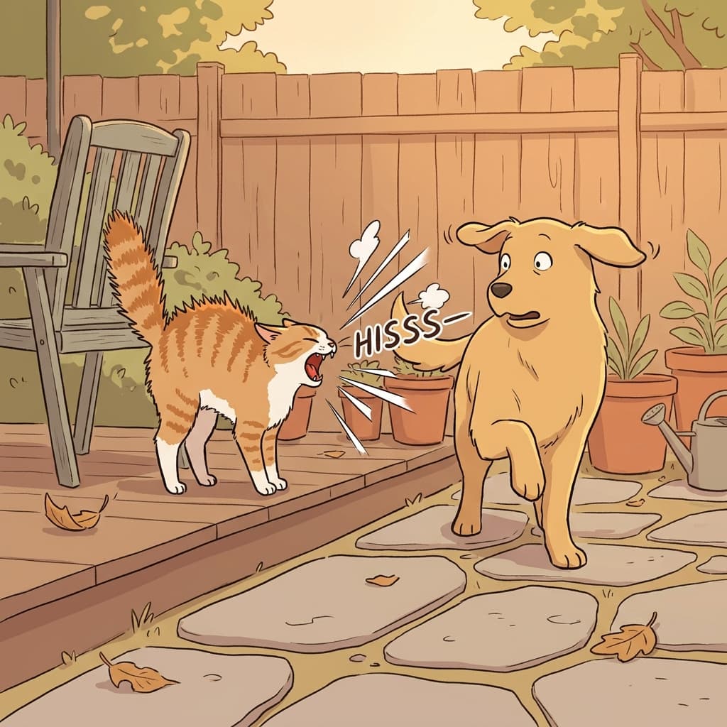 The startled cat arched its back and let out a sharp hiss at the intruding dog.
