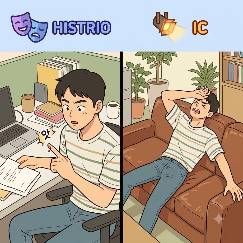 HISTRIO(actor) + IC(nature) — showing the dramatic nature(IC) of a stage actor(HISTRIO), the patient made a completely histrionic reaction to a tiny papercut.
