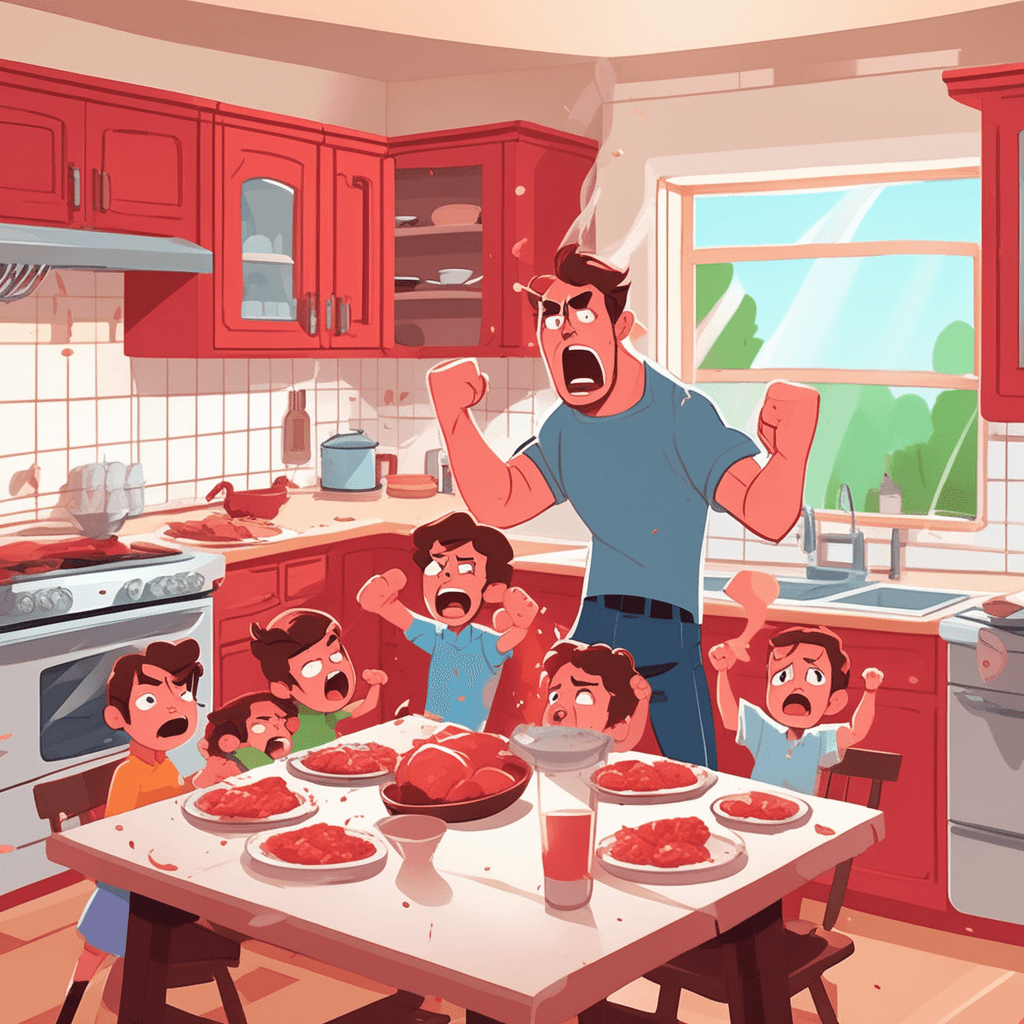 a father slams his fist down on the kitchen table making dishes jump and rattle everywhere. His face is bright red with bulging eyes and steam literally coming out of his ears. A spilled glass of milk spreads across the table after his children were fighting over toys. The mess from their argument has knocked over salt shakers and scattered food everywhere. His wife covers her mouth in shock while the two young children cower behind their chairs. Everyone in the kitchen freezes as they witness his explosive reaction to the chaos. someone becoming extremely angry and furious
