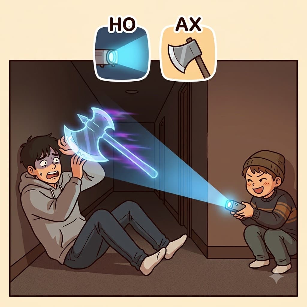 HO(hologram) + AX(axe) — by projecting a glowing HO(hologram) of a flying AX(axe), the prankster created a terrifying hoax.