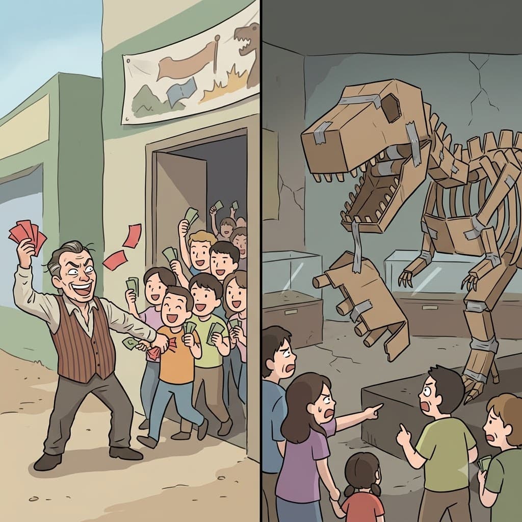 To coax the tourists into buying tickets, the greedy man built a cheap dinosaur hoax.