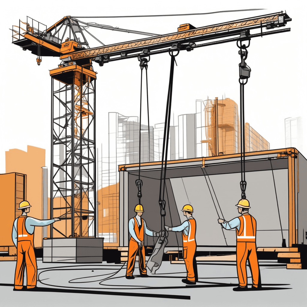 Workers hoist heavy beam with ropes