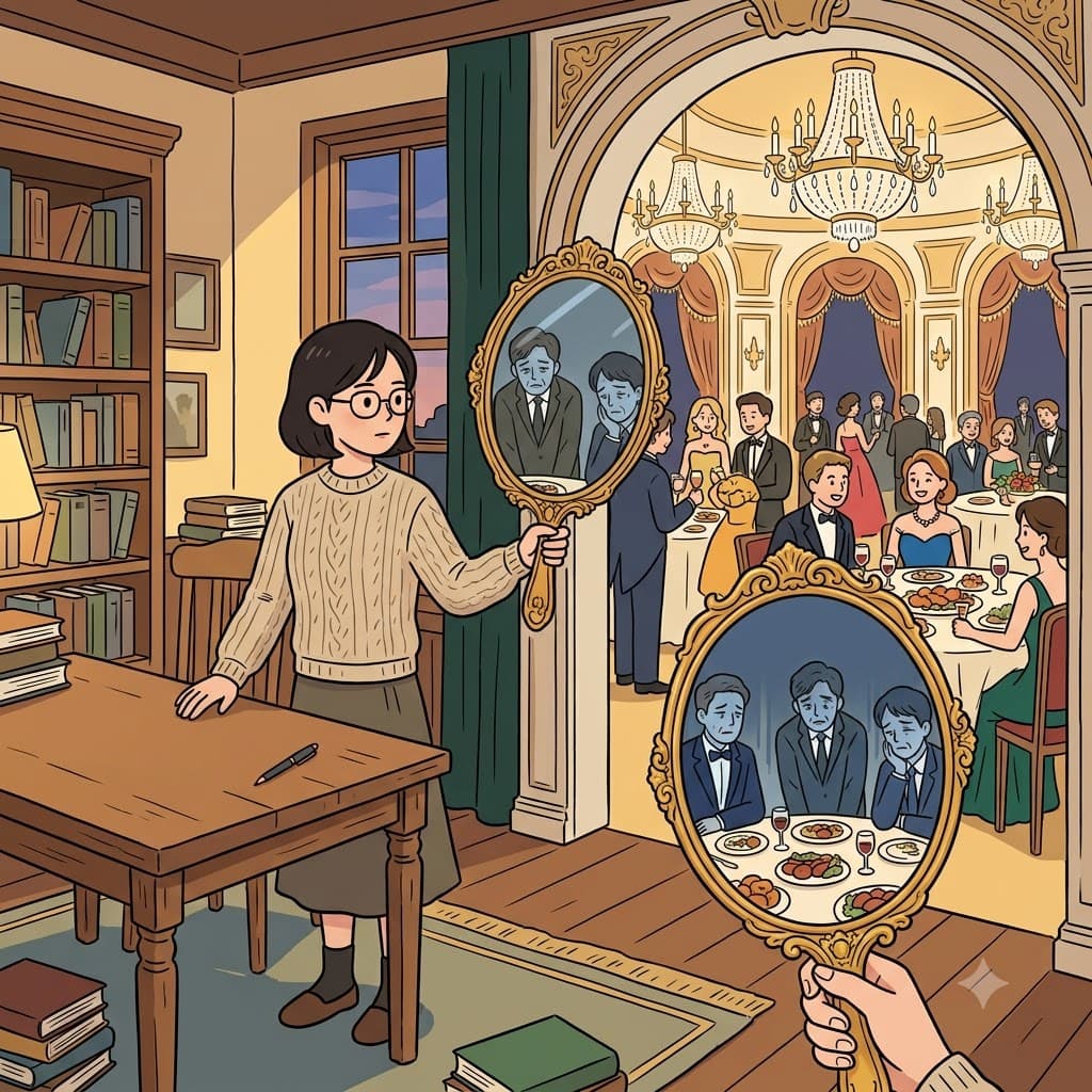 The novel holds a mirror up to wealthy society by showing the hidden lives of its characters. (HOLD A MIRROR UP TO → raise a mirror toward something so it can see its own reflection)