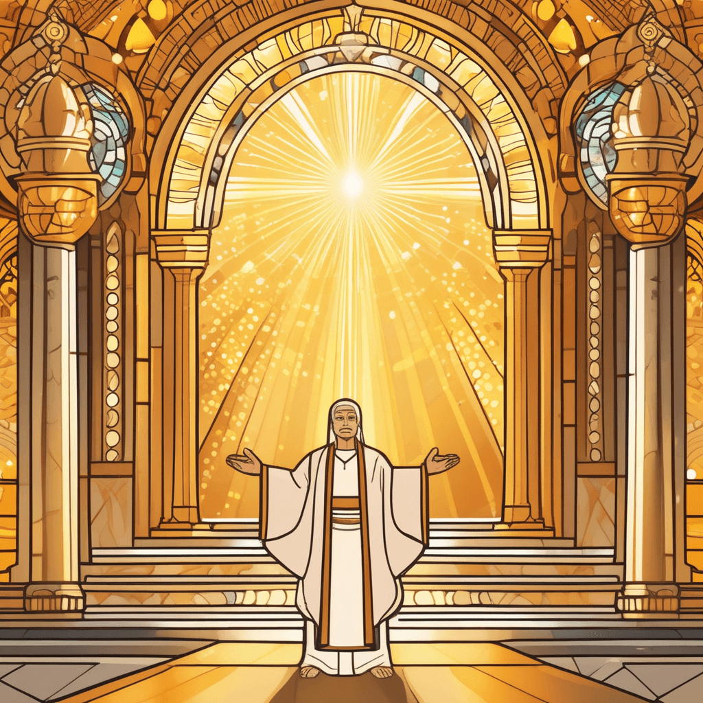 A holy figure prays in reverence at an illuminated ancient temple