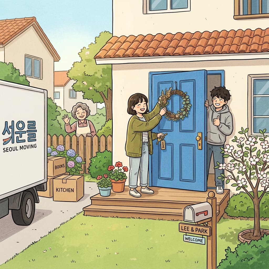 The proud homeowner hangs a wreath on the door of her first house.