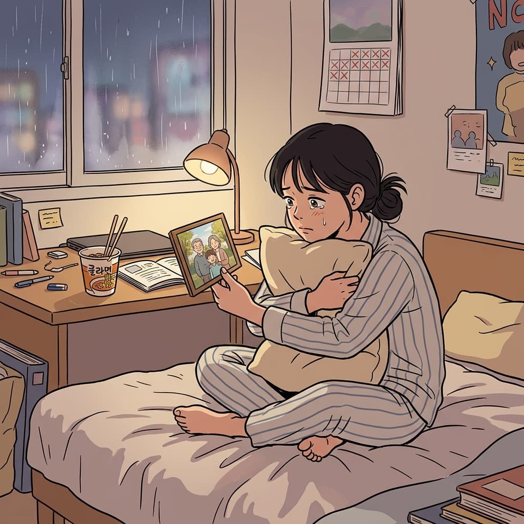 Far from home, she feels homesick looking at her family photo.