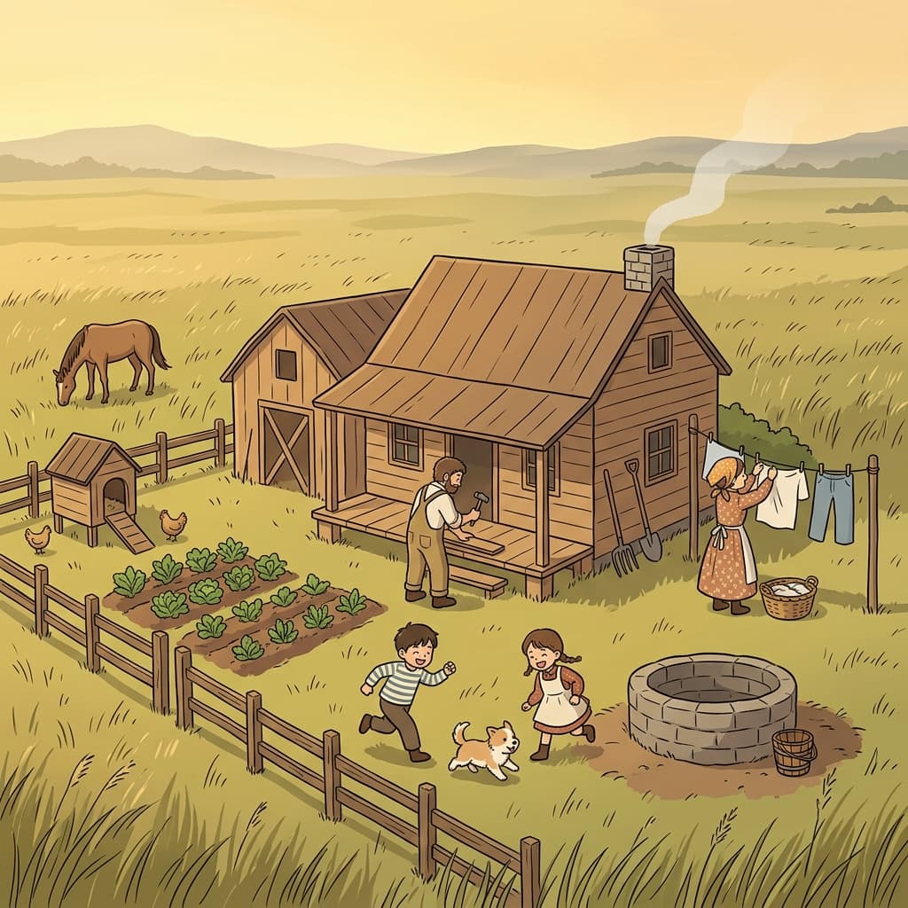 The pioneer family built their homestead on the vast prairie under a golden sky.