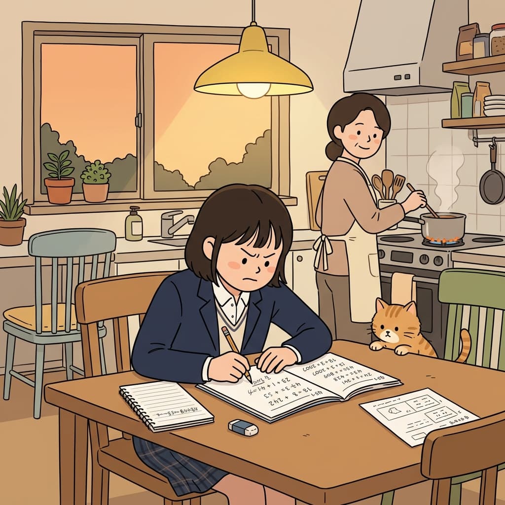 She finishes her math homework at the kitchen table before dinner.