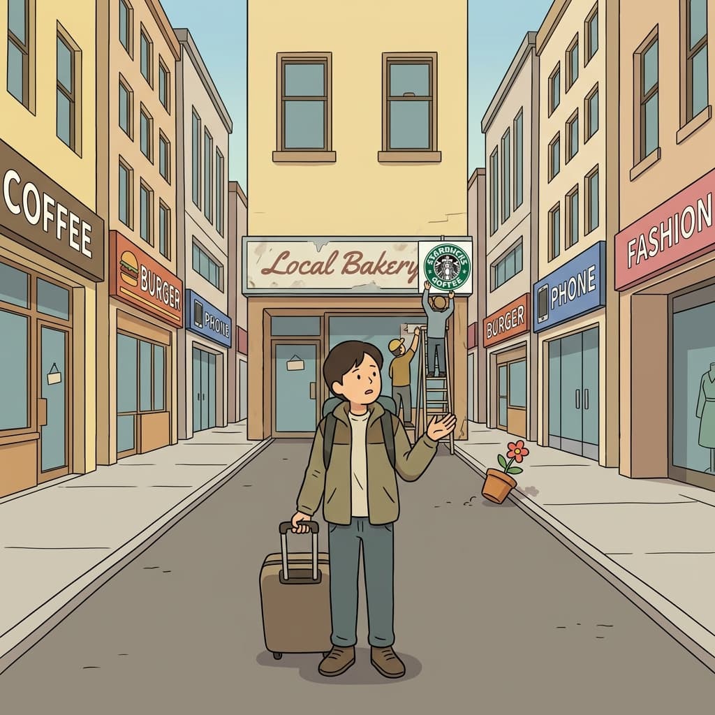 Global chain stores erase local charm, showing the homogenization of every downtown.