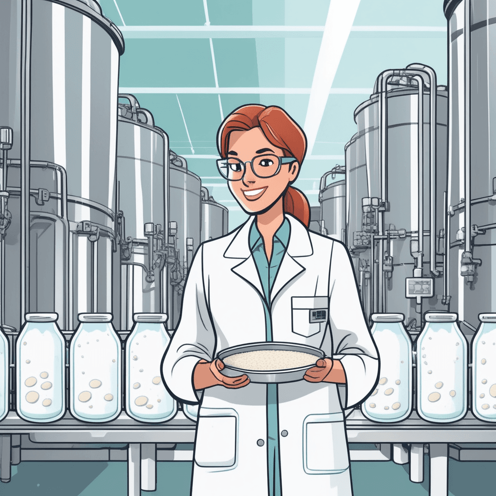 a quality control technician in a white lab coat examines multiple glass beakers filled with perfectly white milk. She holds up one beaker to the light, checking its consistency and color. Each sample shows the exact same creamy white appearance with no separation or variation. The technician nods approvingly as she compares the samples side by side. Other workers operate mixing equipment in the background, ensuring proper blending. All the milk samples display identical texture and composition throughout. milk that is uniform in structure and composition throughout