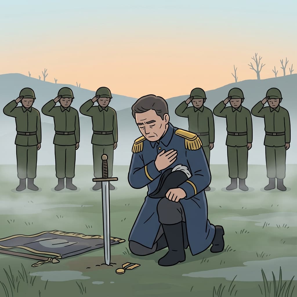 The general kneels to honor the fallen soldier's sacrifice on the battlefield.