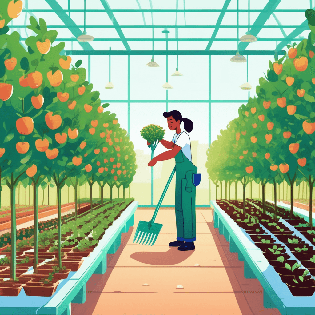a skilled professional carefully examines a young fruit tree sapling, checking its leaves and roots for health. They hold gardening tools while inspecting the plant's growth progress with expert knowledge. The careful examination leads to the person selecting the healthiest seedlings from several options. Their methodical approach results in choosing only the most viable plants for cultivation. A curious visitor watches nearby as greenhouse workers tend to rows of vegetables and flowers in the background. a person who practices horticulture by cultivating gardens, orchards, and nurseries