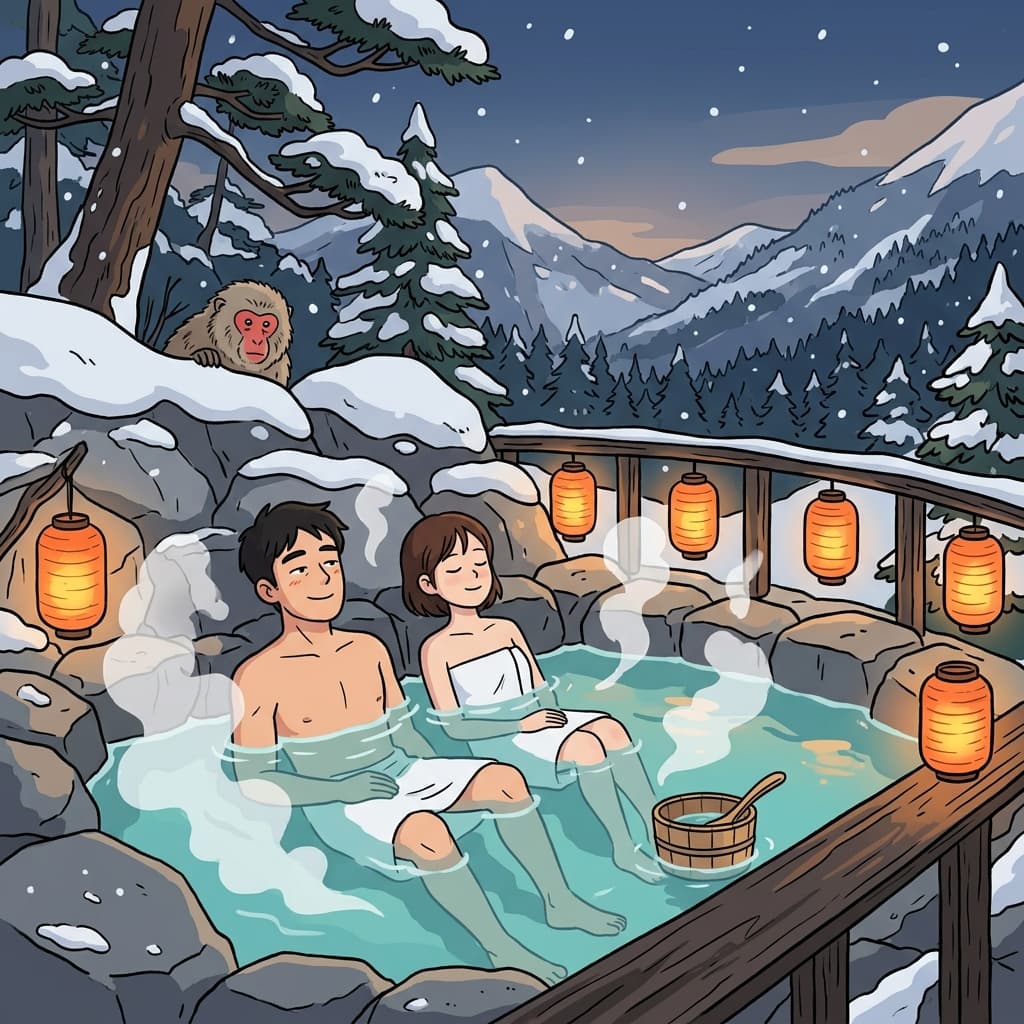 Travelers soak in a steaming hot spring nestled among snowy mountains at dusk.