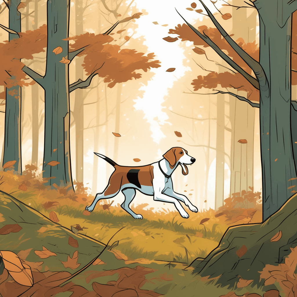a sleek brown and white hound moves forward with its nose pressed close to the ground, following an invisible scent trail. The dog's ears hang low as it concentrates intensely on the smell, its tail positioned straight behind for balance. The scent trail leads the hound deeper into the woods where small paw prints are visible in the soft earth. A hunter in outdoor gear follows closely behind, watching the dog's every movement with anticipation. Other woodland creatures like squirrels and birds watch nervously from nearby trees as the hunting pair passes through. a dog used for hunting that tracks by scent