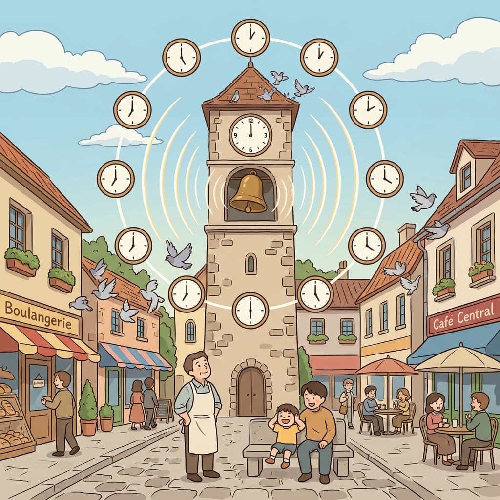 The town clock chimes hourly, echoing across the square all day.